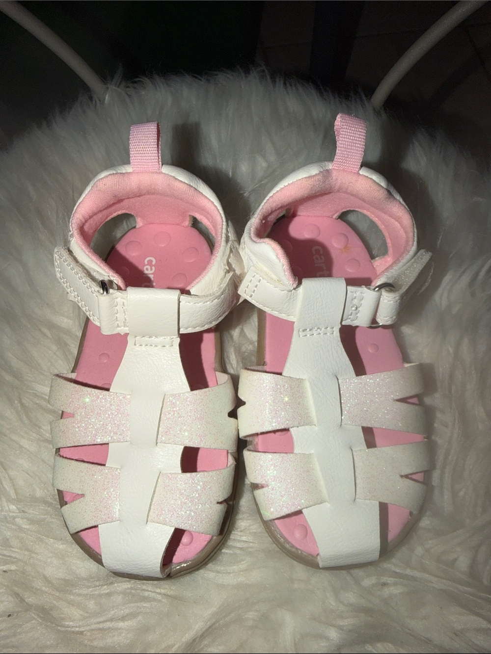 Carter's White Glitter Fisher Sandals with Pink Footbed